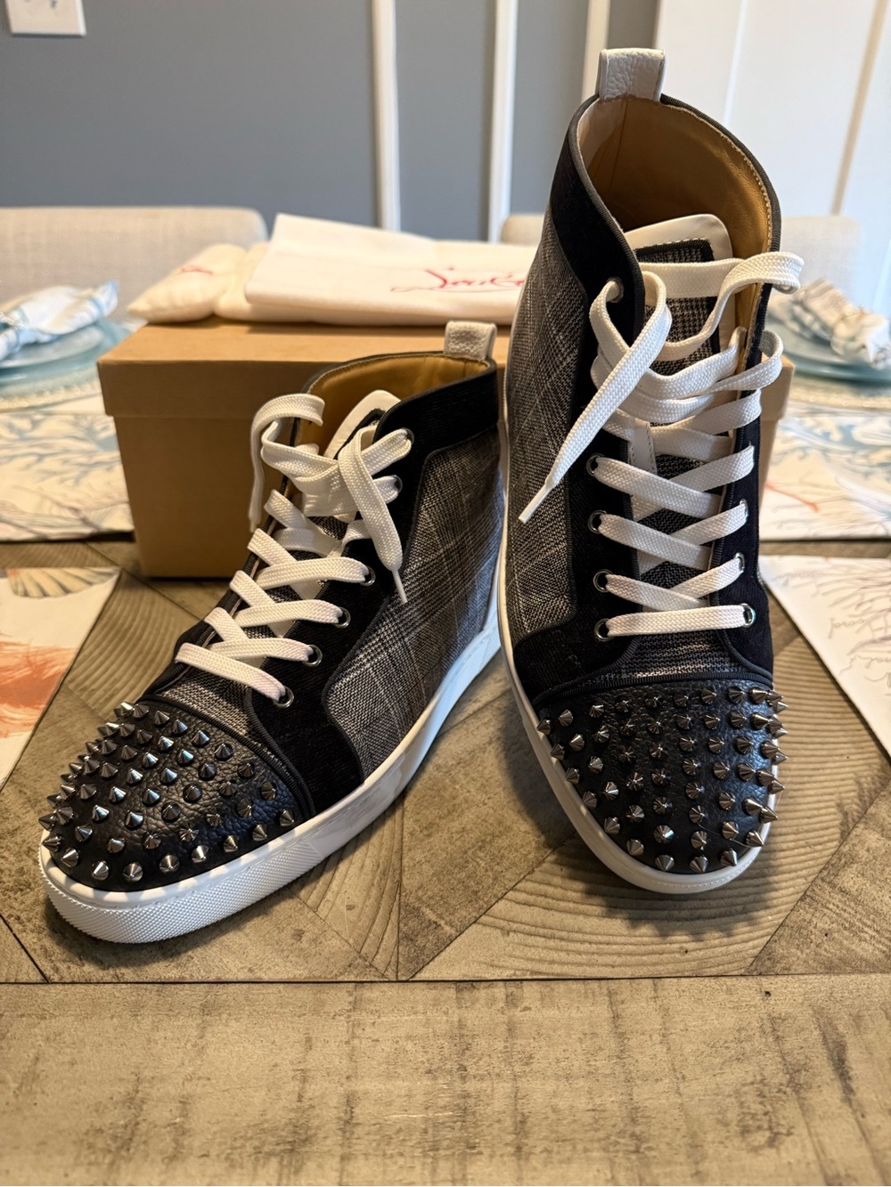 Christian Louboutin Men's High-Top Studded Lace-Up Sneakers - Black/Grey
